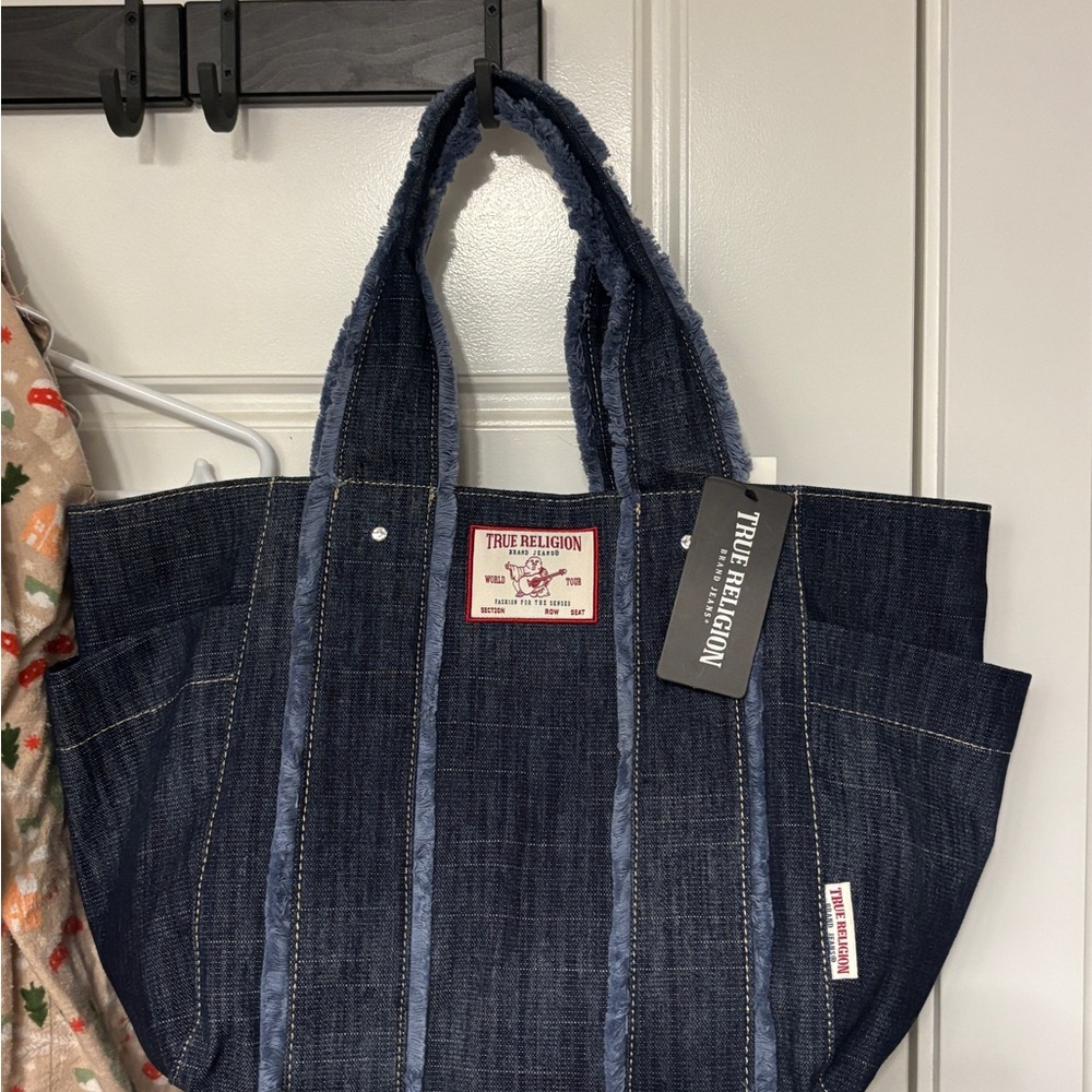 True Religion Navy and Cream Interior Tote with Zip Pocket